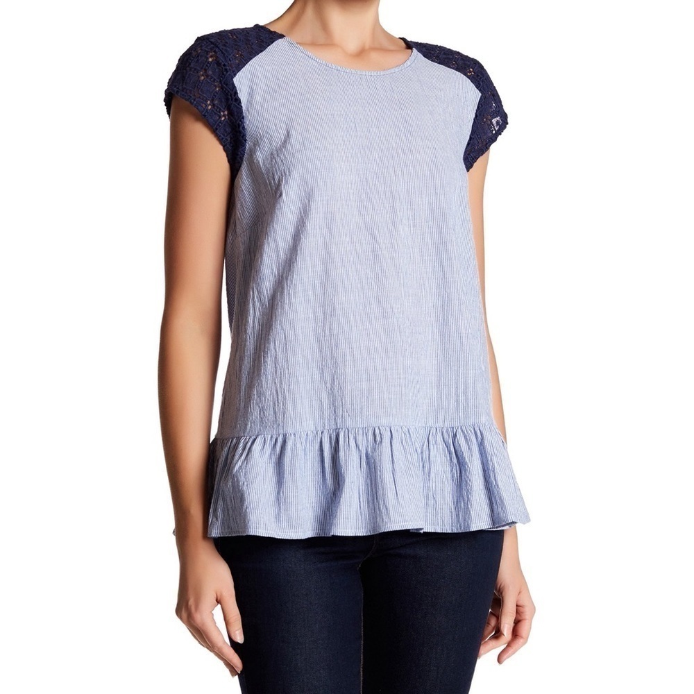 DR2 NEW 1XL Stiped Ruffle-Hem Pinstripe Lace top